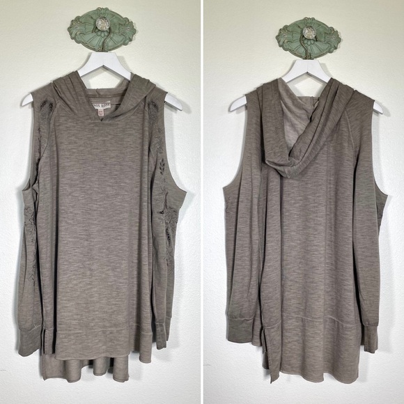 Knox Rose Floral embroidered Cut Out Cold Shoulder Hooded Sweatshirt Taupe XXL - Picture 7 of 9